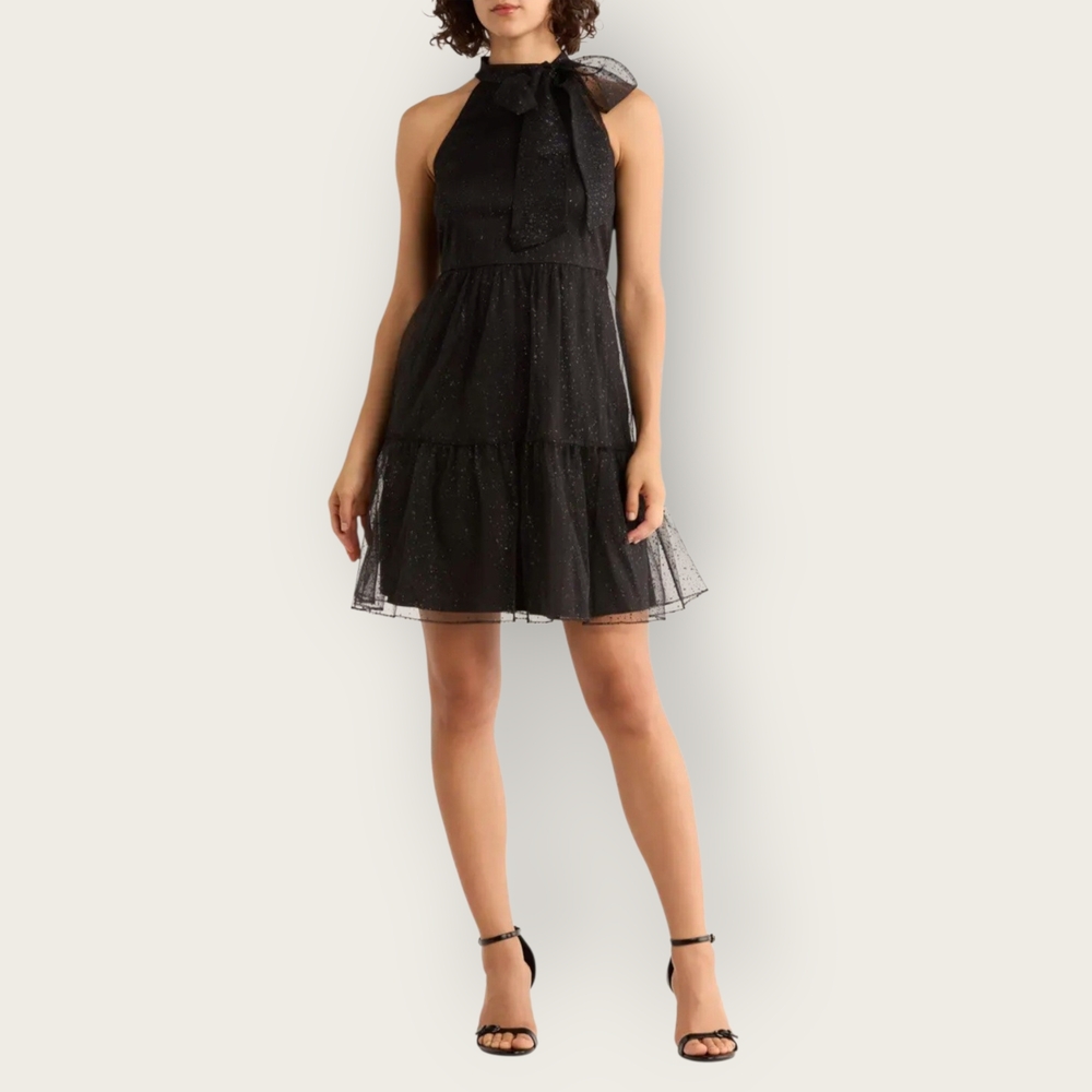New Vince Camuto Bow Glitter Tiered Mesh Cocktail Dress